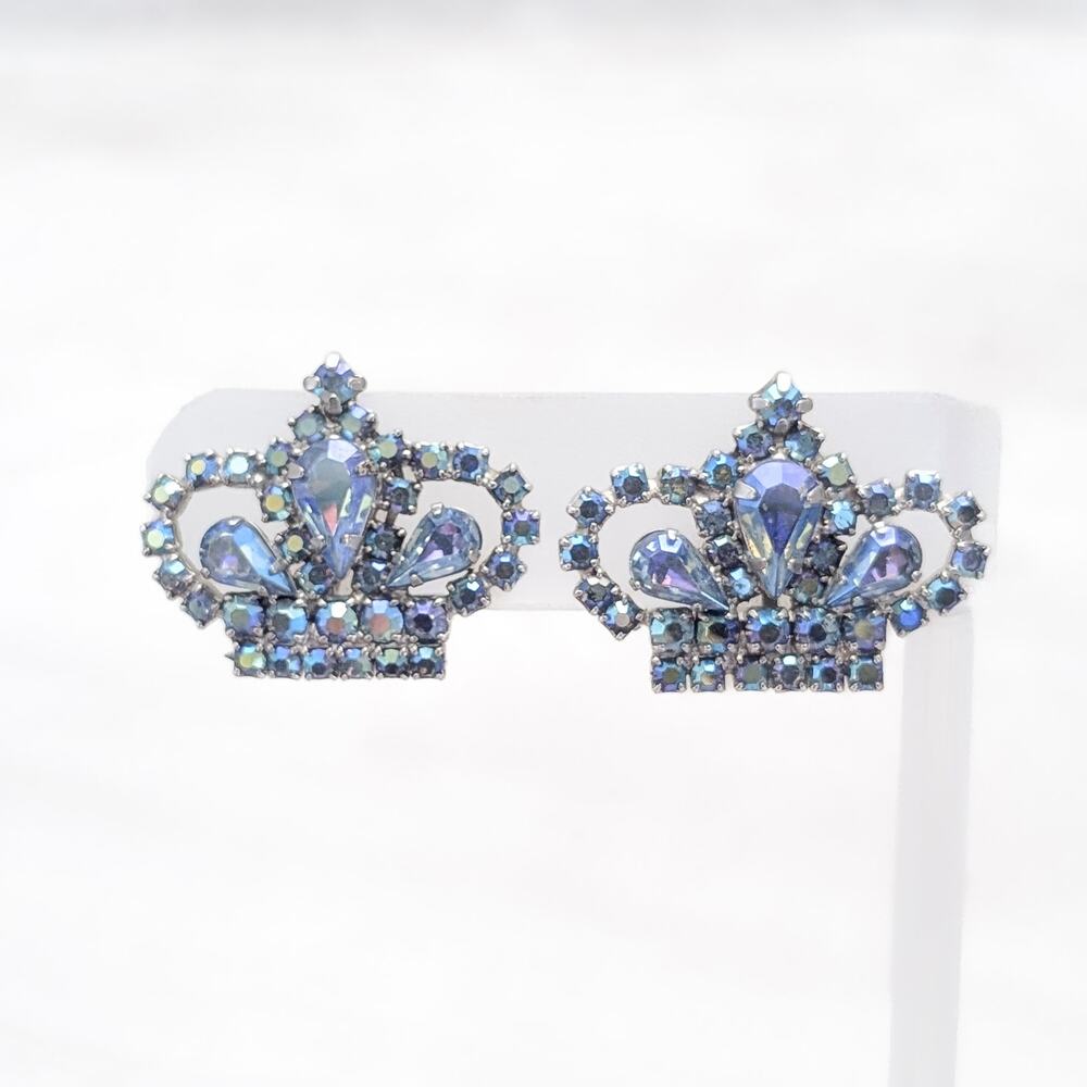 Vintage Screw On Earrings Stunning Iridescent Blue Gems Crown Shape Royal Regal